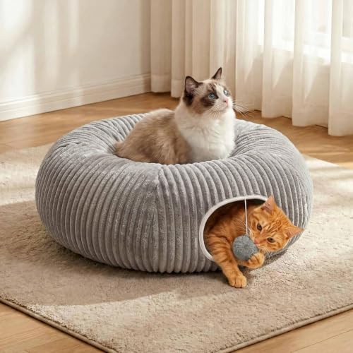 Cat Tunnel Bed for Indoor Cats, Peekaboo Cat Cave Bed,Soft Cat Donut Tunnel for Kitten Large Cats, Grey - color: Grey