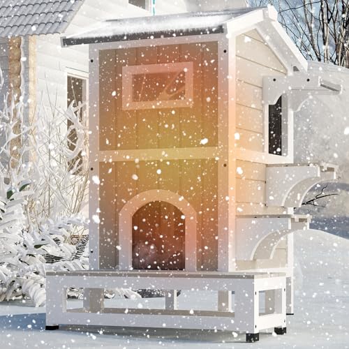 Outdoor Cat House Weatherproof Cats Shelter for Feral Kitten Pet Houses for 1-2 Small Animlas 2 Story Wooden Houses for Indoor Outdoor Cats with Escape Doors (29.7"D x 22.8"W x 35.4"H In) - style: 29.7"D x 22.8"W x 35.4"H In