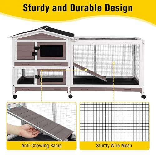 Aivituvin Rabbit Hutch Indoor 2 Story Bunny Cage Outdoor Guinea Pig Cage with Caster Wheels Chicken Coop with Run, 3 Pull Out Tray (Brown&White) - color: Brown&White