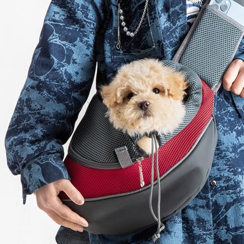 Pet Sling Carrier for Small Dogs & Cats, Hands-Free Dog Travel Bag with Adjustable Padded Strap, Breathable Mesh Puppy Carrier with Safety Hook & Zipper Pocket, Ideal for Kittens, Rabbits, Small Pets