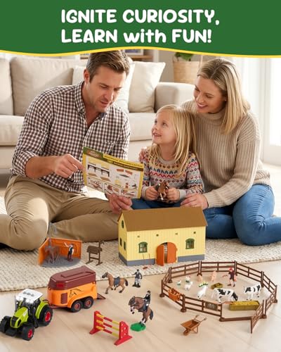 Gleamkid Farm Animals Toys for Kids: 5 in 1 Animal Farm Barn Toy, Tractor Trailer Set with Light & Sound, Washing Horse Stable, Animal Figurines, Training Horse Playset for Toddlers Boys Girl Ages 3+