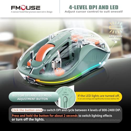 FMOUSE Transparent Wireless Mouse, Tri-Mode Bluetooth & 2.4GHz, Green | USB-A & USB-C Receiver | Rechargeable | 3 Devices for MacBook Laptop iPad PC | Silent Clicks | Portable | RGB | 4-Level DPI - color: Green