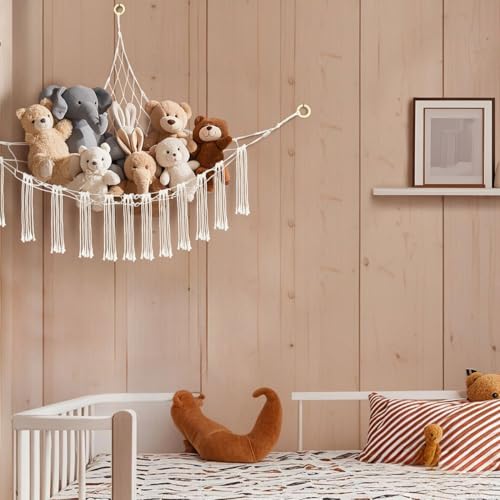 59 x 47 inches Stuffed Animal Hammock Corner Net, Plushie Net for Stuffed Animals Corner Large, Cotton Hammock Holder for Home, Room, Wall, Bedroom Decor (White)