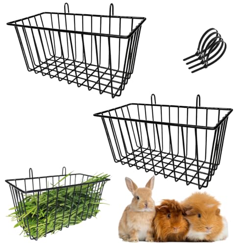 Rabbit Hay Feeder Rack, Metal Hanging Hay Dispenser (Black, Large) | 2 Pack Small Animals Hay Feeder for Cage Metal Hanging Hay Holder for Rabbits Guinea Pigs Chinchillas Ferrets - color: Black, size: Large