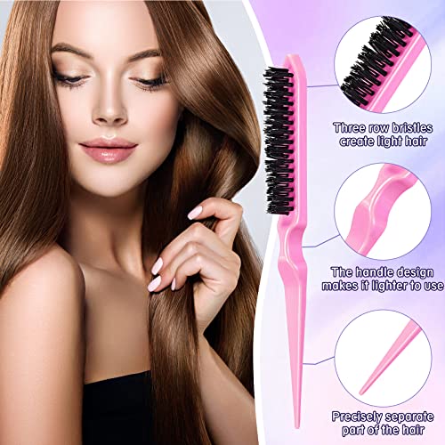 8 Pcs Slick Back Hair Brush Teasing Edge Bristle Brush Parting Rat Tail Comb Hairclips Styling Hair Accessories Set for Women Slicking Ponytail Control and Smoothing Flyaways(Pink) - color: Pink