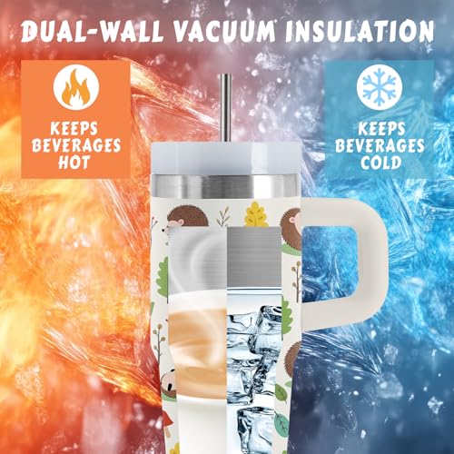 Hedgehog 14oz Tumbler, with Handle Straw, Stainless Steel Sport Cup | 14 oz Insulated Water Bottle, Travel Vacuum Coffee Mug, Thanksgiving Christmas Birthday Gift for Daughter, Animal Lover Gifts - color: Hedgehog-White