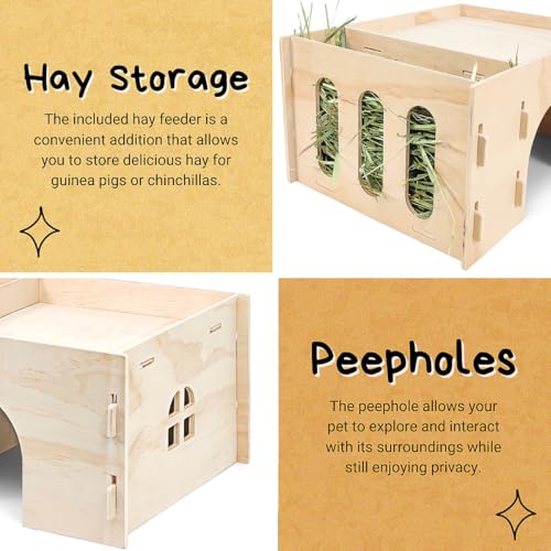 Guinea Pig Hideout with Hay Feeder & Absorbent Mat, Wooden | Chinchilla House with Multiple Window, Small Animal Hut Castle for Dwarf Rabbit