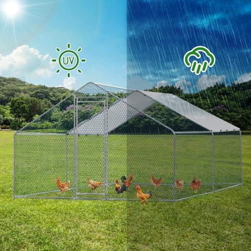 Outvita Chicken Coop, 13×10 FT Large Metal Chicken House, Poultry Habitat Cage with Waterproof Cover, Walk-in Chicken Run Pen for Small Animals, Yard, Farm, Patio - color: Silver, size: 156.0"L x 120.0"W x 78.0"H