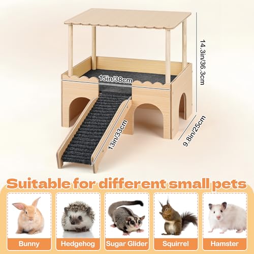 Wooden Guinea Pig Hideout Castle with Stairs,Small Animal Bed Hut Habitats Spacious 2-Level Detachable Small Pet House for Rabbits, Hamsters & Chinchillas Bunny (Updated Grey) - color: Updated Grey