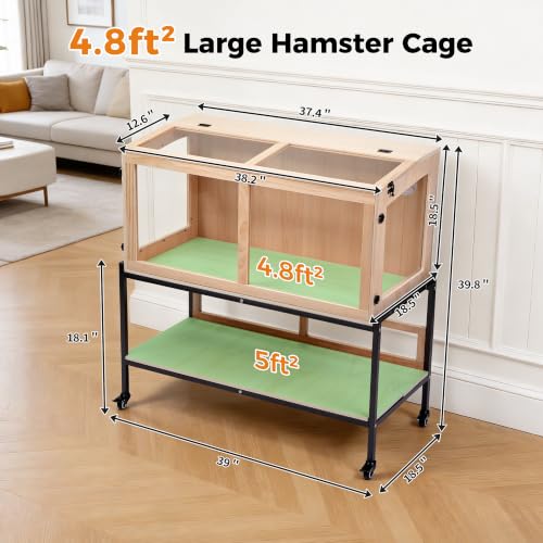 COZIWOW Hamster Cage Chewproof, 39"X18"X40" Movable Large Hamster Habitat | 4 Lockable Caster Wheels, Storage Shelf, Openable Top, Wooden Small Animals Cage for Guinea Pig, Hedgehog, Gerbil, Rat, Mouse - size: 39"L x 18"W x 40"H