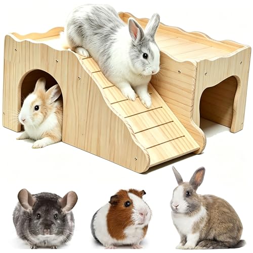Large Bunny Hideout Wooden Bunny House with Ramp Rabbit Castle(Slide Style) | solid wood guinea pig hideout chinchilla house with detachable panels,rabbit hide with ramp hideaways and climbing areas - style: Slide style