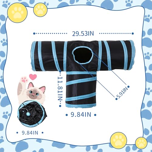Pet Cat Tunnel, T-3 Way Tunnels for Indoor Cats, Collapsible Pet Tunnel for Kitten, Puppy, Rabbit, 25cm-Wide Tunnels, Durable & Breathable, with Peek Hole Toy Ball - color: T-Junction Tunnel & Black/Blue