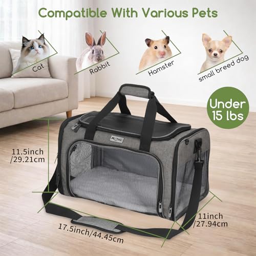 Pet Carrier for Cats & Small Dogs, Travel Carrier with Anti-Collapse Support, Chew Resistant Buckles, Luggage Sleeve, Multi-Pocket Storage, Reversible Mat & Bowl (Gray, Medium (17.5"x11"x11.5")) - color: Gray