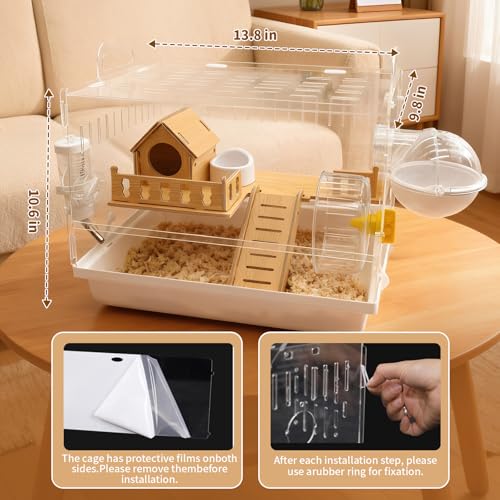 Acrylic Hamster Cage, 2-Tier Hamster Cage with Wooden Accessories for Dwarf Syrian Hamsters,14"x10"x*11" Clear Pet Mice Small Hamster Habitat Gerbils House