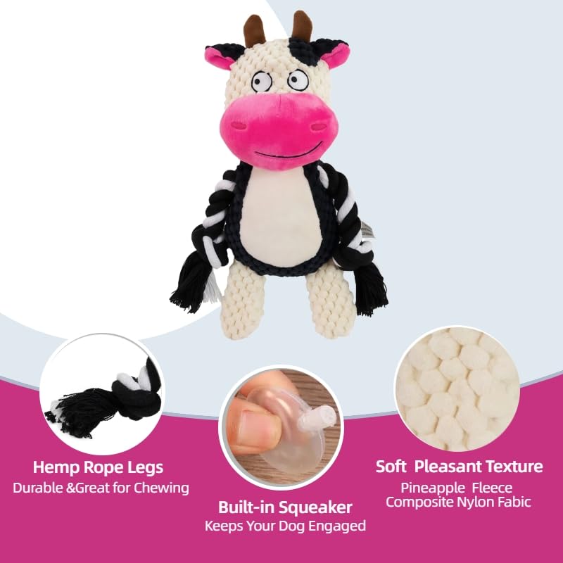 Interactive Puppy Toy, Plush Squeaky Dog Toy with Crinkle Paper Rope (White & Pink) - color: White & Pink