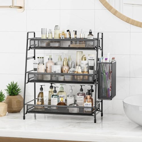 EKNITEY Bathroom Countertop Organizer Shelf - 3 Tier Counter Spice Rack | Metal, Removable Basket, Non-Slip Base, Makeup Rack, Small Coffee Station Organizer, for Sink Bedroom Kitchen Living room - color: Black with Basket