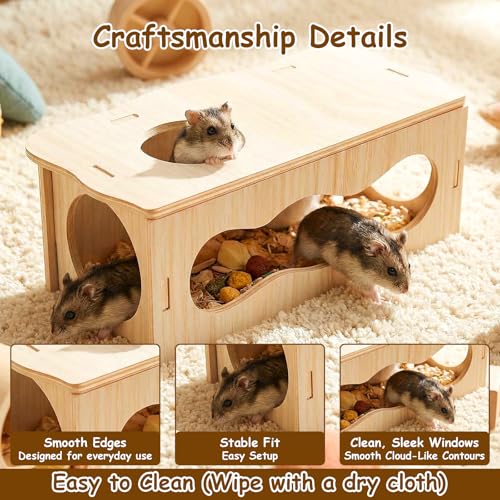 Hamster Tunnel Hideout Wooden House, Medium Wooden Hamsters Inspired Tunnels Hamster with Side Top Windows Peep Tunnels Chamber Hideout Tunnel Smooth Streamlined Design for Dwarf and Syrian Hamsters