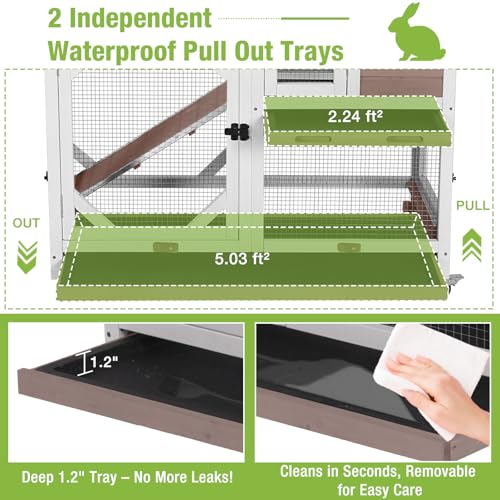 Gutinneen 2-Story Rabbit Hutch Bunny cage Wooden Rabbit Cage Indoor/Outdoor with Chew-Proof Ramp, 2 Leak-Proof Pull-Out Trays, Lockable Wheels for Rabbits, Guinea Pigs, Small Animals (Brown and White)