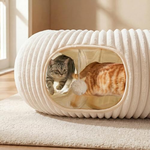 Cat Tunnel Bed with 40 Pcs Interactive Cat Toys, Cat Tube with Kitten Toys for Indoor Kittens, Collapsible Play Tunnel, White - color: White