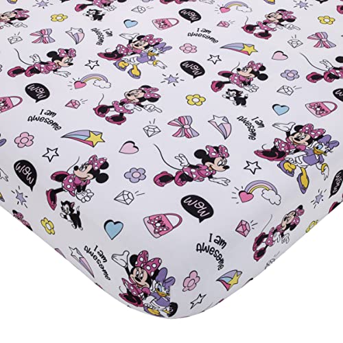 Disney Minnie Mouse I am Awesome Lavender, Pink, and White with BFF Daisy Duck, Rainbow Hearts and Stars 2 Piece Toddler Sheet Set - Fitted Bottom Sheet and Reversible Pillowcase - color: Minnie Mouse I Am Awesome