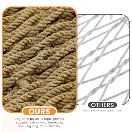 Lazy Daze 13 Ft Double Handwoven Polyester Rope Hammock with Tree Straps | Mesh Hammock for 2 Person, with Spreader Bar, Carabiners, Chains for Outside, Backyard, Patio, 450 Lbs Capacity - color: Tan