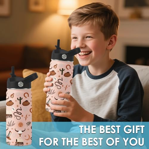 Western Cowboy Gifts - 16oz Kids Water Bottle with Straw Lid, Stainless Steel Insulated Tumbler, Leak Proof, BPA-Free, for Boys, School, Travel - Wild West Rodeo Cowgirl Kids Birthday Gifts Cups(1pc) - color: Cowboy1, size: 16 Ounces