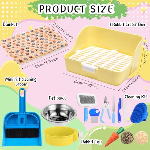 Reallnaive 15 Pcs Rabbit Starter Kit Small Rabbit Litter Box Girls Gift Animal Grooming Kit Bunny Toys Bowl Blankets with Cleaning Set for Guinea Pig Accessories(Blue) - color: Blue