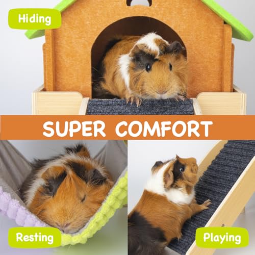 BESNEW 3 in 1 Enlarged Guinea Pig Hammock with House & Platform,Wooden Guinea Pig Hideout with Hammock & Stairs Small Animal Toys for Hiding Sleeping Activities - style: Hammock with ramp & house