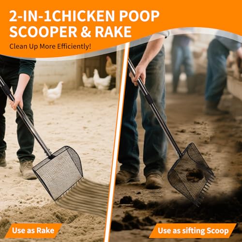 Chicken Poop Scooper & Rake 2-in-1 Metal Coop Shovel,Adjustable Stainless Steel Handle,Cleaning Tools for Chicken Coops & Farm Animals Scoop for Litter Scooper Sand Sifting Shovel Chicken Coops
