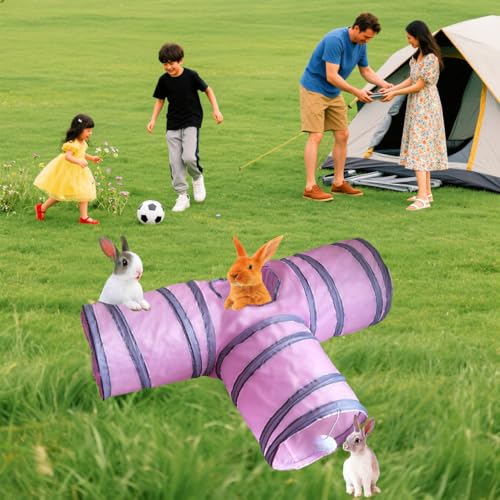 Rabbit Tunnels & Tubes Collapsible 3 Way Pink Grey, Play Tunnel Tube Toy with Hanging Ball for Kitten, Puppy, Bunny, Ferret, Interactive Toys for Fun Playtime & Exercise - color: pink
