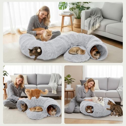 DUMOS Cat Tunnel Bed for Indoor Cats, Cave Donut Play Tunnel, Grey | Soft Plush Peekaboo, Washable Circle Cushion, Multifunctional Playground Under Tree Toys for Kittens, Puppy, Rabbit, Ferret - color: Gray
