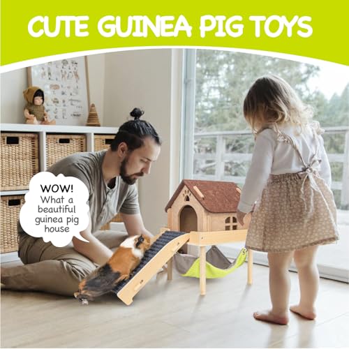 BESNEW 3 in 1 Enlarged Guinea Pig Hammock,Wooden Guinea Pig Hideout with House & Platform & Stairs Small Animal Toys for Hiding Sleeping Activities - color: Brown Roof