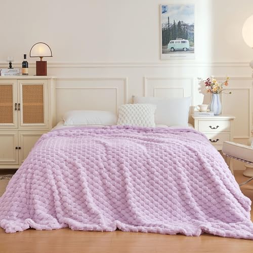 XeGe Luxury Bubble Fluffy Faux Rabbit Fur Bed Blanket King Size, Lavender | 104"x90", Double-Sided, No-Shed, Washable Buttery Soft Light Purple Blanket for Master Bedroom, Couples & Family Snuggling - color: Lavender, size: King (104" X 90")