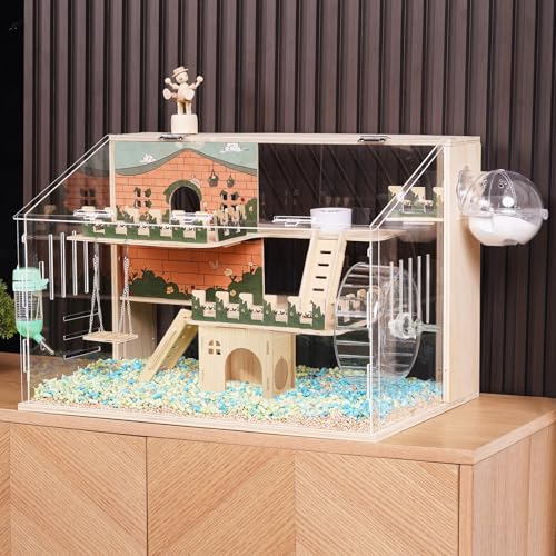 12 in 1 Large Wooden Hamster Cage with All Accessories, 24"*15.8"*15.8" 3-Layer Dwarf Hamster Cage Acrylic,Pastoral Style Mouse Cage for Pet Mice, Hedgehog, with Stairs, Fences and House - size: 24.0"L x 15.8"W x 15.8"H