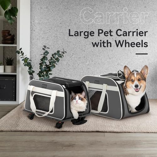 Petsfit Cat Carrier with Wheels, Removable Spinner Wheels, Up to 13 lb | Fits pets up to 15 L x 8 H in and 13 lb; removable spinner wheels, anti-sag frame, 4-sided mesh, safety tether and locks. - color: Medium Gray, size: 20.1"L x 12.2"W x 14.2"H