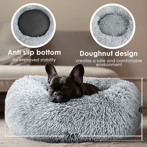 Dogs Bed for Small Dogs, Anti-Anxiety Washable Round Bed (Light Grey, 24.0" L x 24.0" W x 8.0" Th) - color: Light Grey, size: 24.0"L x 24.0"W x 8.0"Th