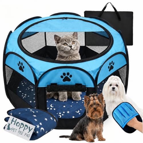 Whelping Box for Cats, Pop-up Playpen for Kittens and Mom with Washable Starry Moon Pad & Grooming Glove, 3-in-1 Portable Cat Delivery Room & Pet Nursery Pen for Indoor Cats Dogs - size: S-29"x29"x18"