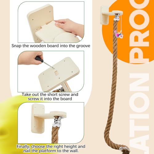 Weysat 2" x 4.92 ft Cat Climbing Rope with 2 Jumping Platform Wall Mounted Thick Jute Cat Scratching Post Furniture Wall Climbing System for Kittens & Large Cats(Wood,with Toys) - color: Wood, style: with Toys