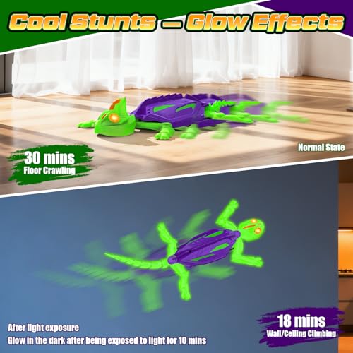 Wall Climbing Gecko, Glow-in-The-Dark Lizard Wall Crawler, Remote Control Lizard with LED Eyes, 360° Rotating Electric Reptile Robot for Floor and Wall, Christmas Birthday Gift for 3-8 Year Old Kids - color: Purple