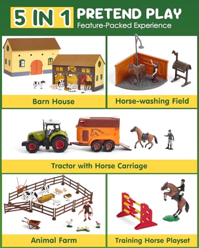 Gleamkid Farm Animals Toys for Kids: 5 in 1 Animal Farm Barn Toy, Tractor Trailer Set with Light & Sound, Washing Horse Stable, Animal Figurines, Training Horse Playset for Toddlers Boys Girl Ages 3+