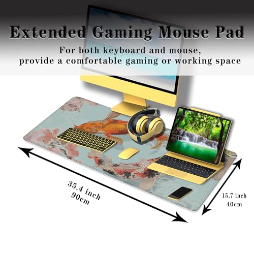 XXL Mouse Pad, Gaming Mousepads Desktop Mats, Extra Large Desk Pad Non-Slip Rubber Base Waterproof with Stitched Edges, 35.4 X 15.7 inch for Work/Game/Office/Home Japanese Traditional Fish - color: Japanese Traditional Fish