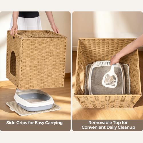 Cat Litter Box Enclosure, Hidden Litter Box Furniture with Litter Mat | SpaceSaving Design, Side Entry Design, Removable Top for Easy Cleaning, Easy Assembly, Side Grip Cutouts for Easy Moving - color: Natural, size: 18.2'' L x 18.2'' W x 20.5'' H