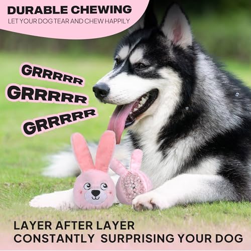 Fida Squeaky Dog Toys for Aggressive Chewers, 3 in 1, Tough Dog Ball | Dog Chew Toys with 3 Layers, to Keep Them Busy, Interactive for Small, Medium and Large Dogs, Gift Box, Bunny - color: Pink Bunny