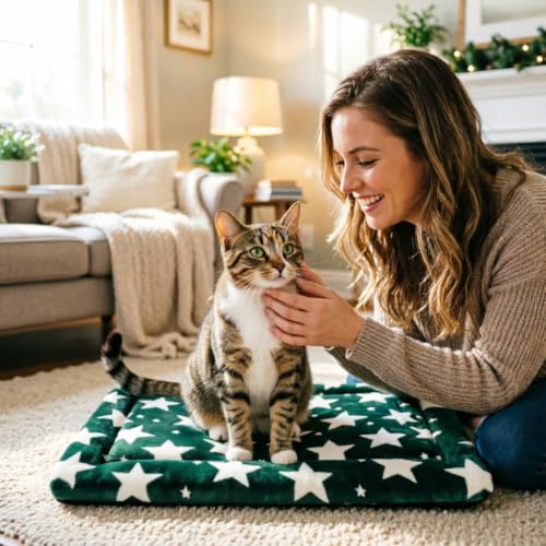 Dog Bed Mat, Reversible Crate Pad & Cute Dog Bed - Machine Washable Kennel Mat with Ultra Soft (Big&Small Stars Green, 18" L x 14" W x 1.5" Th) - color: Big&Small Stars Green, size: 18"L x 14"W x 1.5"Th