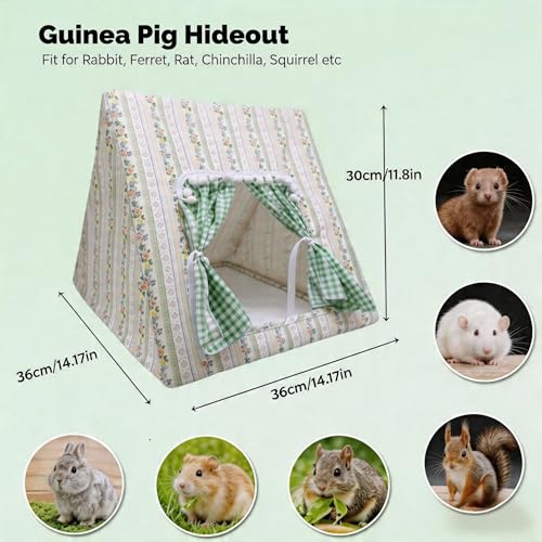 Guinea Pig Bunny Hideout with Cute Curtain,Small Animal Hideout for Rabbit Hamsters Squirrel Ferrets Chinchilla and Rats,Machine Washable Guinea Pig Hide Tent Houses(Large,No Mat)