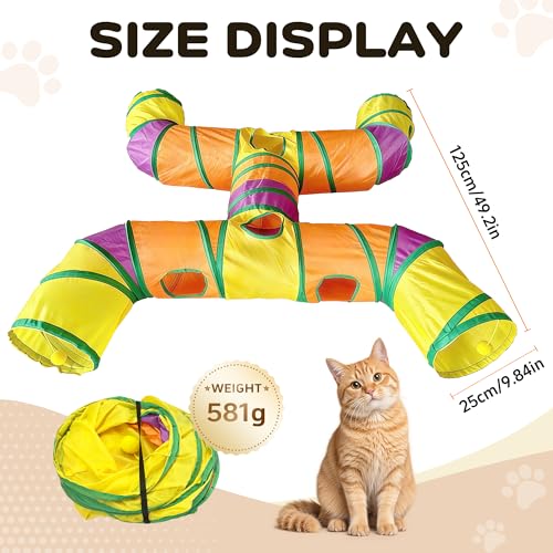 Cat Tunnels for Indoor Cats, Cat Tunnel with Plush Ball, Kitten Tunnel Collapsible, Cat Play Tunnel with Interactive Peephole for Large Cat, Puppy, Kitten (Colorful-4 Way) - color: Colorful-4 Way