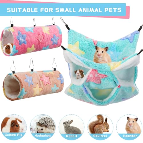 Abbylike 9 Pieces Rat Hammock 3 Tier Guinea Pig Ferret Hammocks Small Pet Hanging Tunnel Glider Toy Guinea Pig Ferret Hideout Bed Cage Accessories for Hamster (Green, Pink, Brown,Stars) - color: Green, Pink, Brown