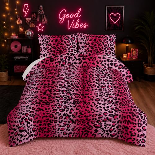 Nttopship Pink Leopard Print Comforter Bedding Set with 2 Pillowcase Queen Size Cheetah Painting Comforter Set for Kids Boys Girls Bedroom Decor - color: Pink Leopard, size: Queen