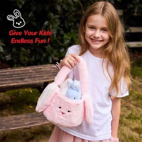 Vposyako 7 Piece Easter Basket Eggs Playset Stuffed Rabbit Chick Lamb Toy Set for Kids Girls Boys Ages 3+ Easter Bunny Basket Plush Sensory Toys Soft Plush Toy for Easter Party Favors - style: Pink Easter Basket