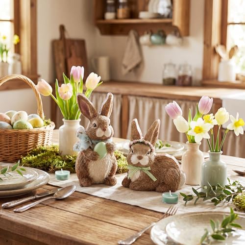 DoubleFill 2 Pcs Easter Bunny Figurine Easter Wooden Bunny Figurines Farmhouse Rabbit Table Decoration for Spring Office Centerpiece Decor Party Supplies - style: Elegant Style